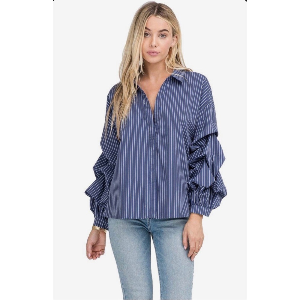 MARONIE BLUE & White Striped Collar Scrunch Long Sleeve Button Down Collar Top